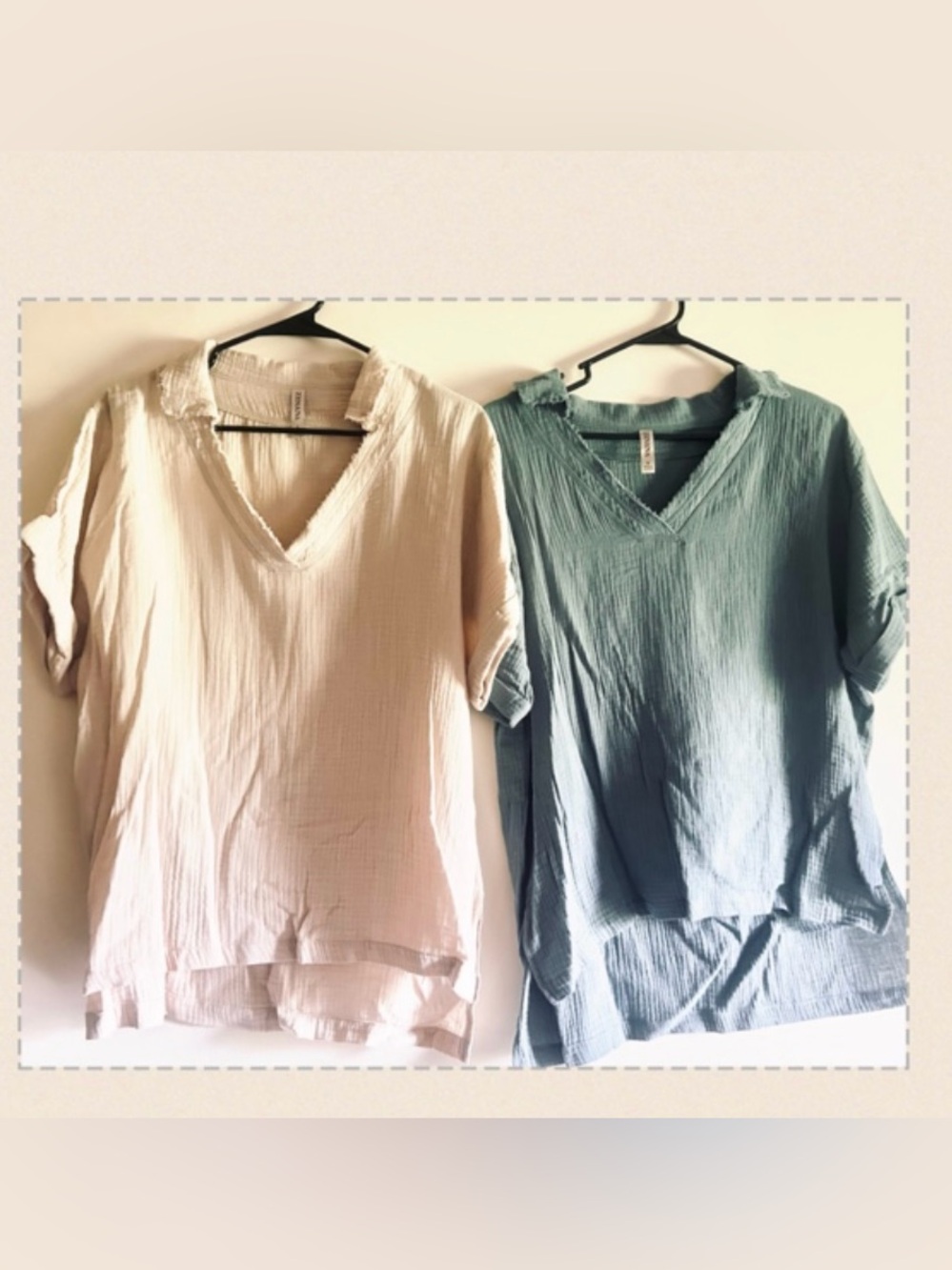 NWOT Zenana Outfitters Cream and Light Blue Split-Hem Cotton Gauze Tunic